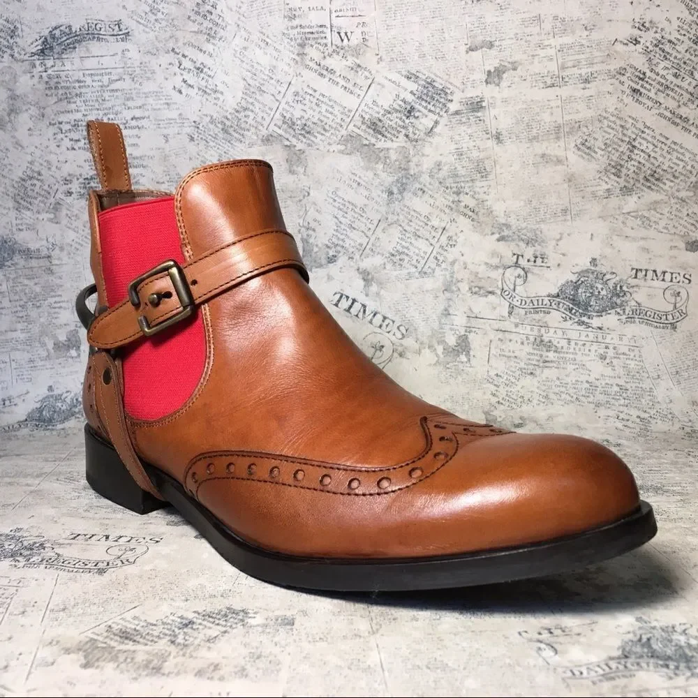 Pertini Spain Brown Leather Ankle Booties Red Elastic Chelsea Boots